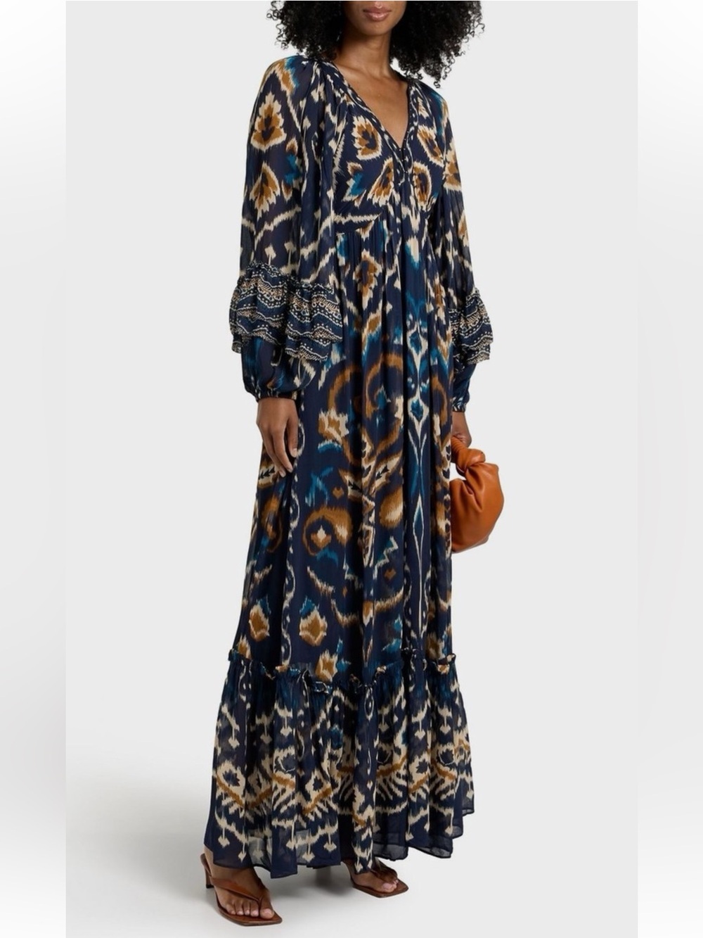 FARM Rio Pineapple Blue Ikat Maxi Dress Boho Long Sleeve Altered Length Small